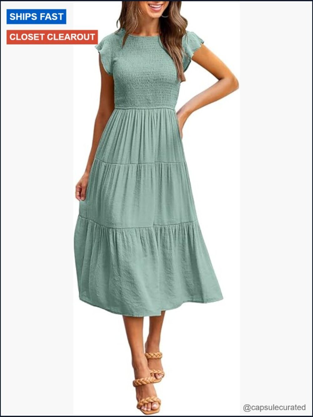 Flutter Short Sleeve Smocked Midi Dress Summer Casual Tiered A-Line Dress